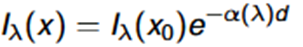 As light propagates through an absorbing medium, its intensity decreases exponentially with distance according to the Bouguer–Lambert law. In the figure below, the absorption along a path (x0; x) is ruled by the Bouguer-Lambertian law, giving the resulting intensity after a distance d: 