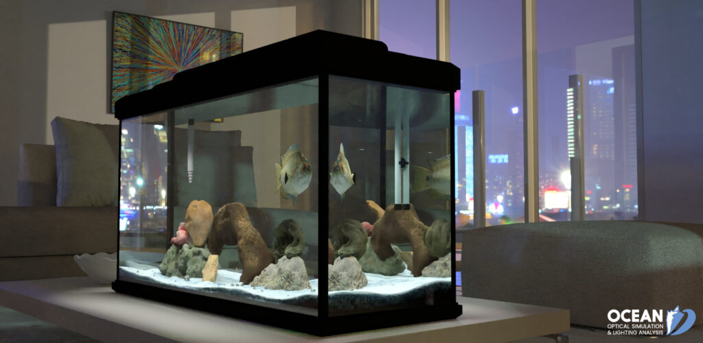 Illustration of geometric optics example seeing a fish in an aquarium